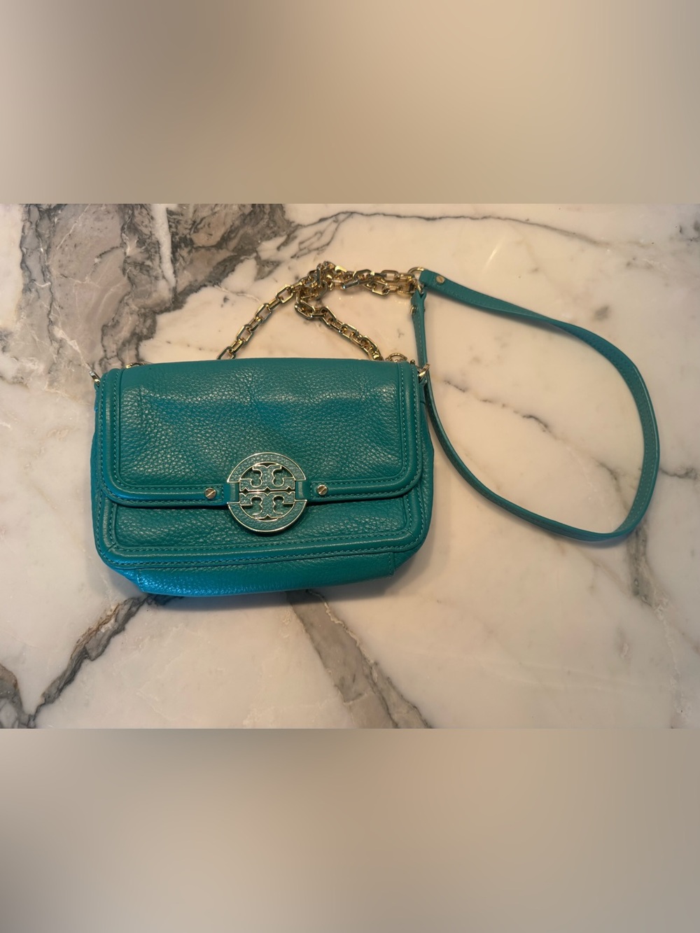 Tory Burch Turquoise Pebbled Leather Chain Strap Crossbody